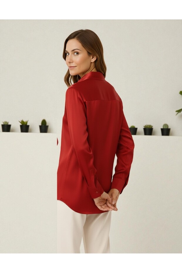 Kadın Oversize Basic saten Gömlek - Kırmızı - 5