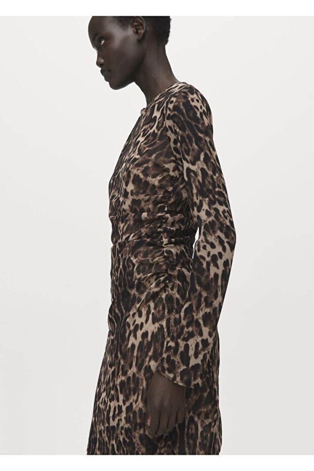 Leopar desenli drape detaylı elbise - 1