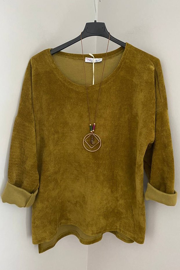 Women's Italian Oil Green Casual Overseize Long Sleeve Velvet Blouse Tunic with Necklace Accessories