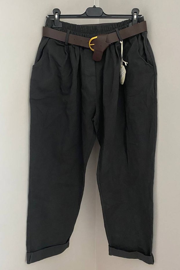 Women's Italian Khaki Plain Pattern Elastic Waist Pocketed Buckled Belted Loose Gabardine Trousers