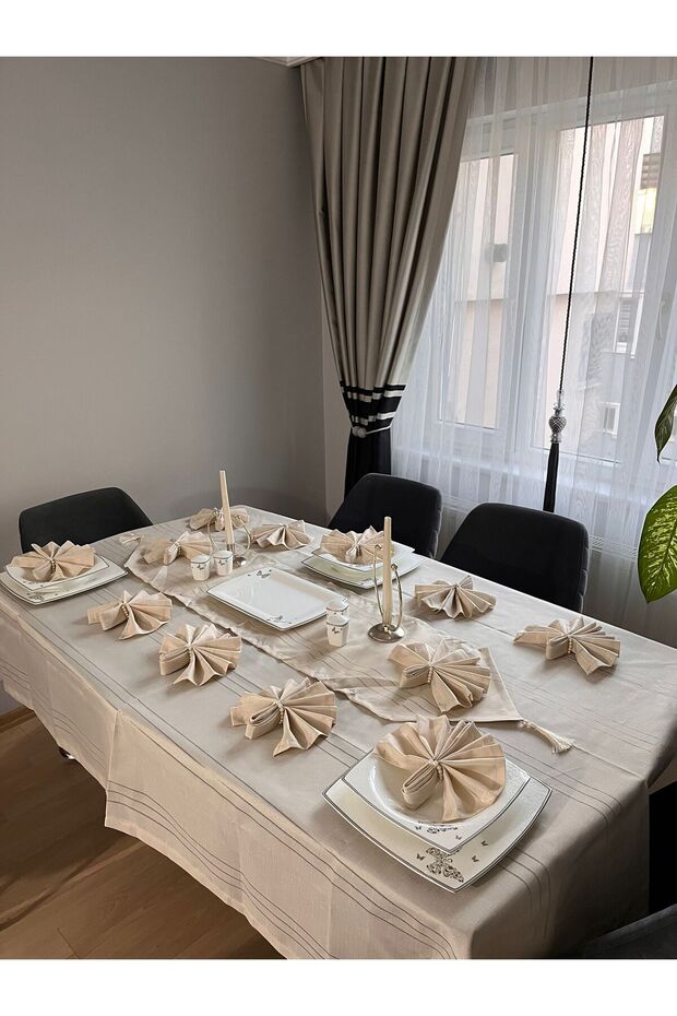 Colber Stripe Detailed Worry-Free Tablecloth Dinner Set for 12 People 26 Pieces - Table 160X220
