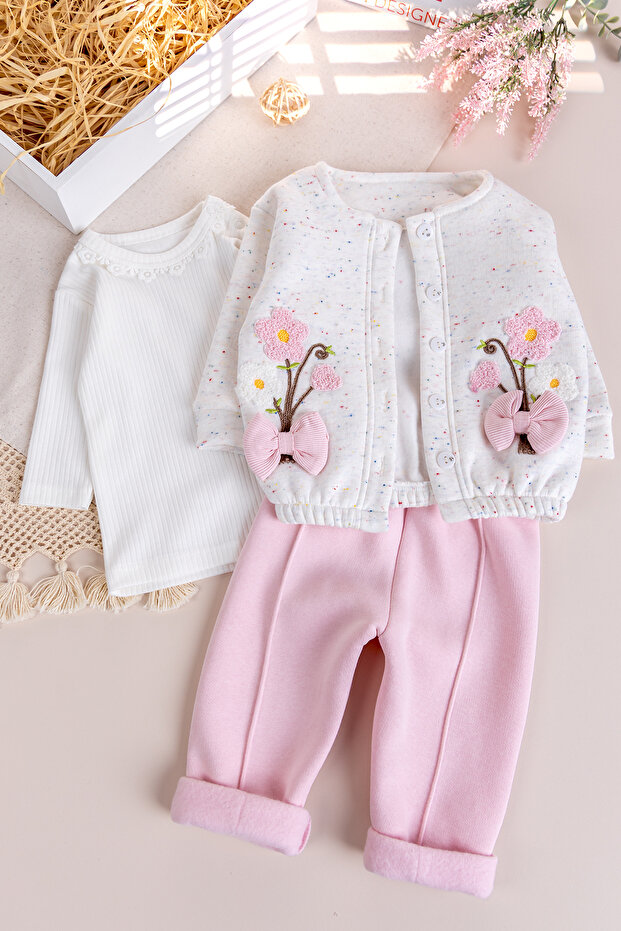 Baby Girl Cardigan Three Thread Raised Flower Embroidered 100% Cotton 3-Piece Set