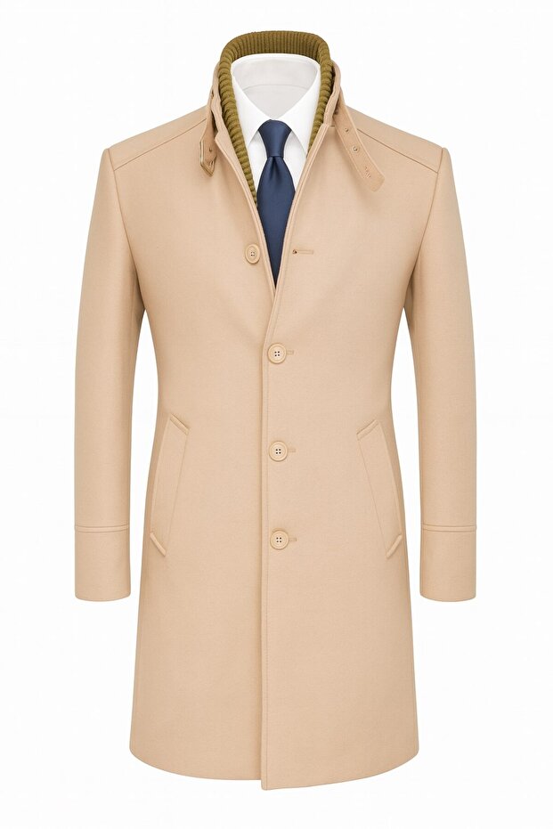 Men's Slim Fit Cashmere Coat – Detachable Ribbed Zipper Collar, S–Xxl
