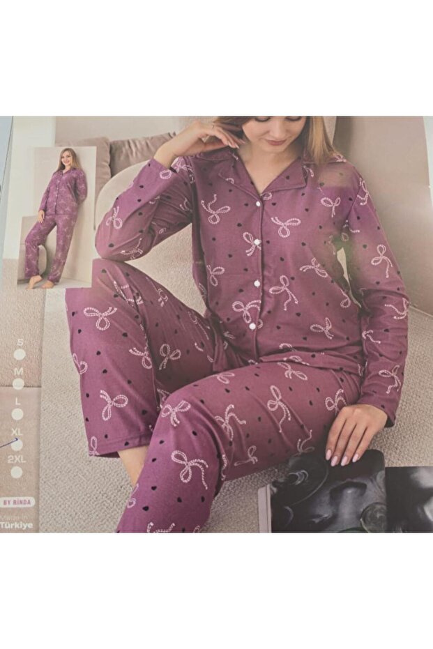 Purple Suede Women's Pajama Set Bow Embroidery Tie-Up Patterned Long-Sleeved Women's Pajamas -Winter