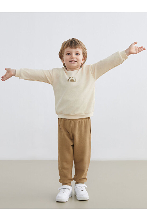 Beige Crew Neck Baby Boy Sweatshirt and Sweatpants