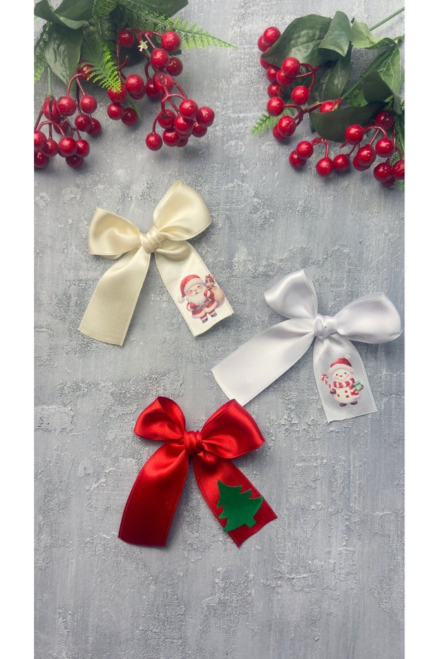 Handmade 3-Piece Satin Bow Christmas Pine Tree Santa Claus Snowman (6cm with Metal Clip)