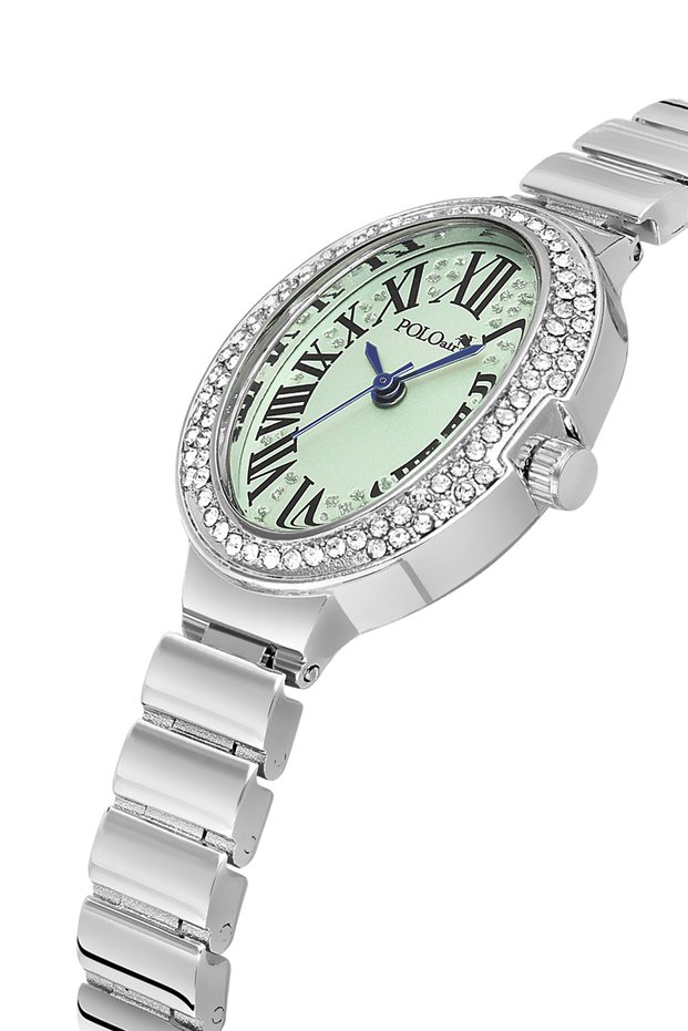 Oval Case Roman Numeral Women Wristwatch Silver Green Color Pl-1568B4X