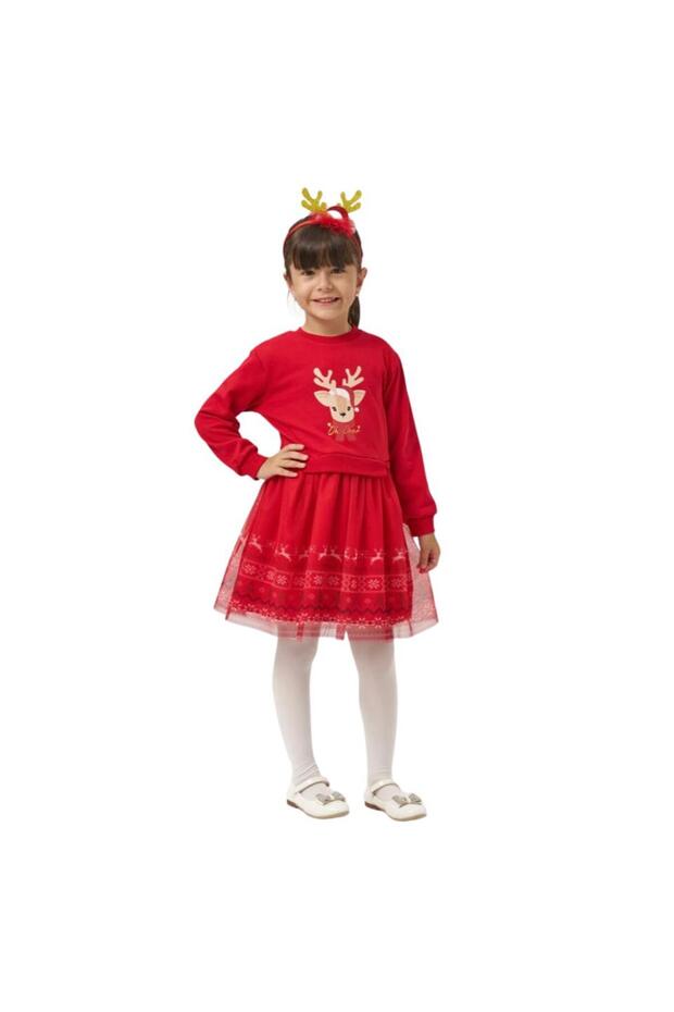 Christmas Themed Deer Patterned Red Tutu Dress with Crown Gift for Fleece-Lined Year Old Girl