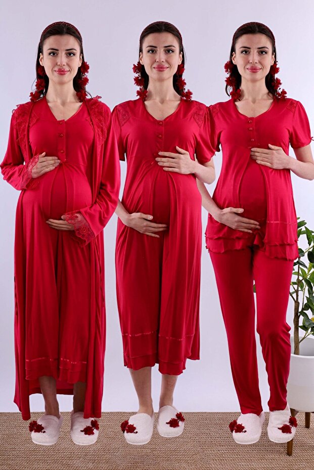 Cotton Maternity Set with Breastfeeding Features, 4 Pieces Effortt - Cherry Color