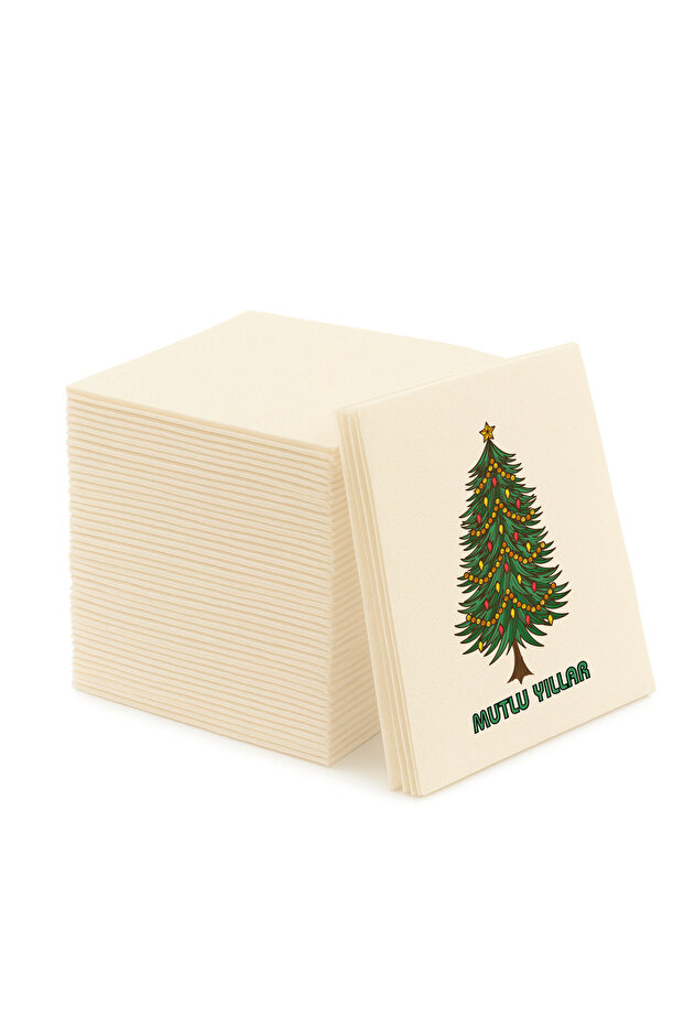 Fabric Textured Beige Christmas Tree Printed Napkins Pack of 12