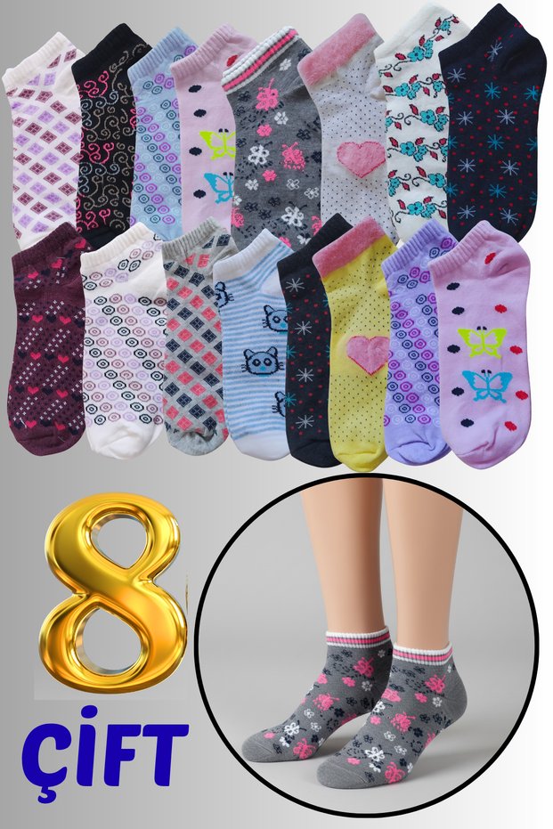 Women's Booties Socks 8 Pack (8 Pairs) Perfumed Patterned Summer Combed Cotton Socks