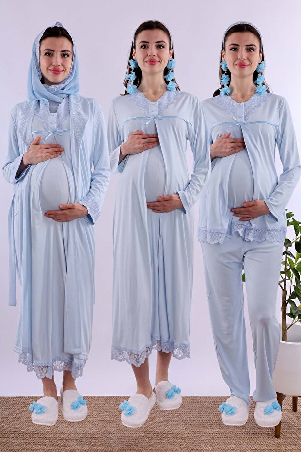 Maternity Set with Hijab and Hidden Breastfeeding Feature - 5 Pieces - Blue Color