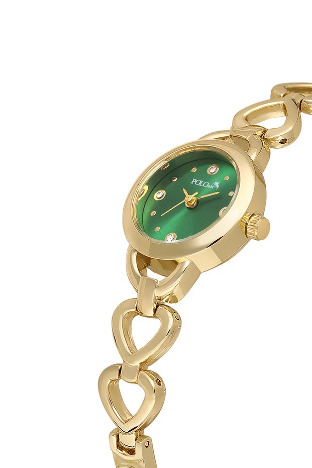 Elegant Women's Wristwatch with Heart Detail Gold Green Color Pl-1570B1X
