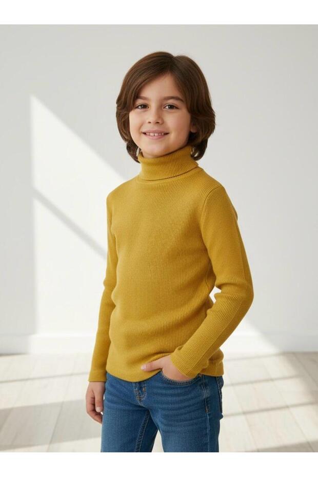 Unisex Children's Long Sleeve Full Turtleneck Corded Fabric Kaskorse Cotton Sweater Body Mustard