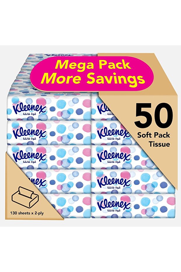 Ultra Soft Facial Tissues, 2-Ply, 50 Soft Packs × 130 Sheets, Multi-Purpose Strong Tissues