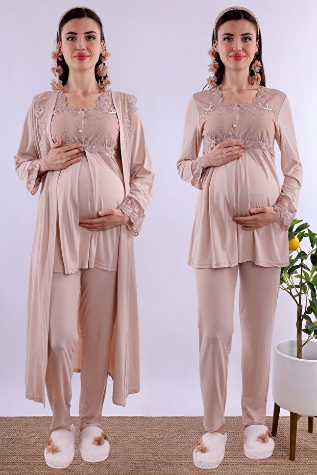 Adjustable Waist Elastic Long Robe Maternity Pajama Set Effortt - Brown