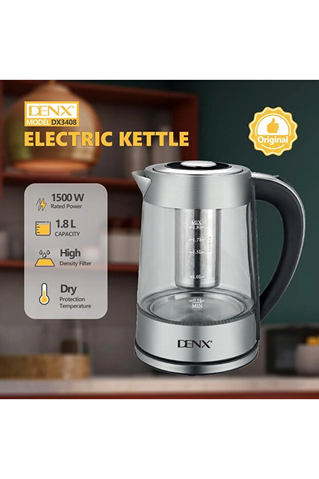 DX3408 Electric Kettle with Borosilicate Glass, 1.8 Liter Capacity, 1500 Watts