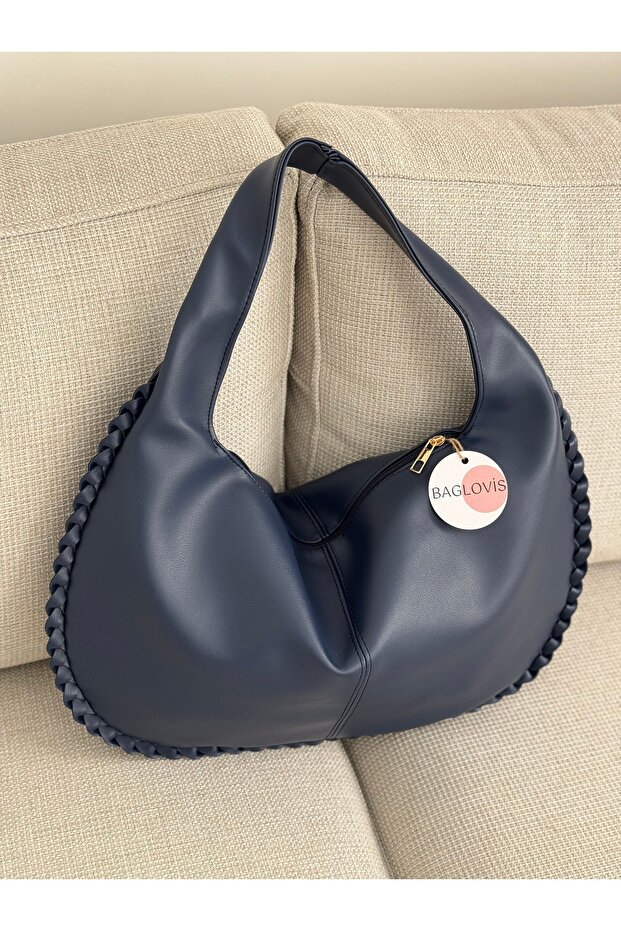 Big Casual Navy Blue Women's Shoulder Bag with Knitted Edges and Single Strap En43 Boy27