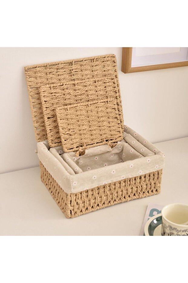 OneDcor Set of 3 Wicker Storage Baskets with Lids (Beige)