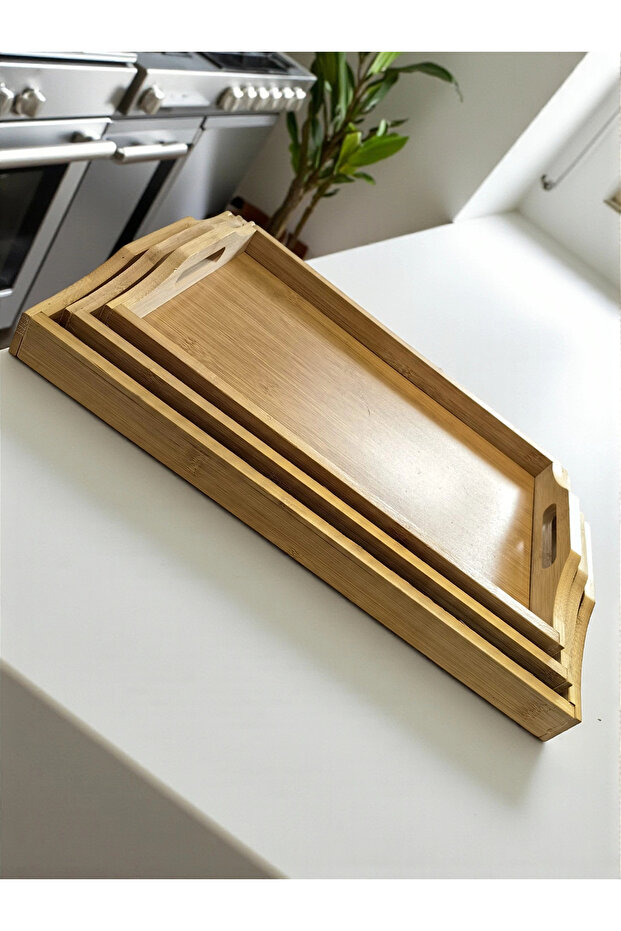 Dikdörtgen Bambu Tepsi 3'lü Set - 5