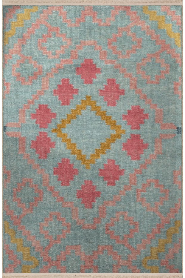Blue and Pink Themed Motif Geometric Patterned Fringed Vintage Decorative Carpet Berlin-33-3132