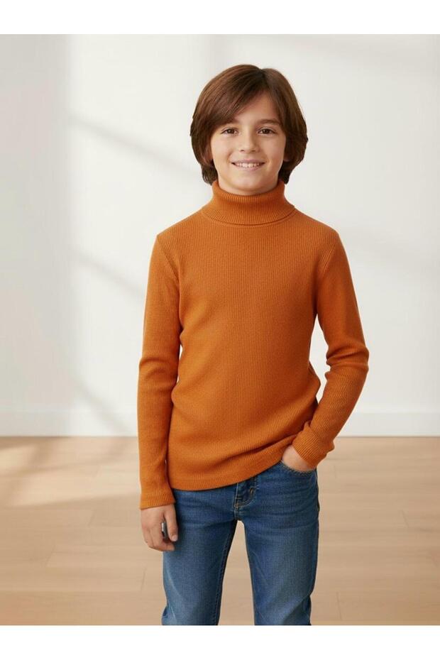 Unisex Children's Long Sleeve Full Turtleneck Corded Fabric Kaskorse Cotton Sweater Body Orange