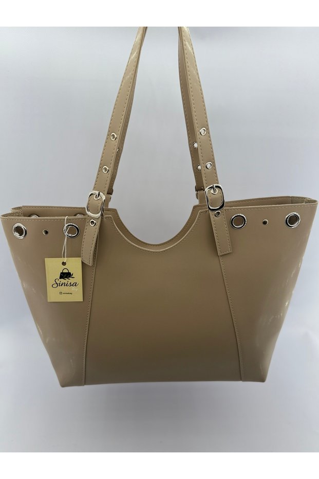 Women's Faux Leather Hand and Shoulder Bag with Ring and Belt Buckle Detail