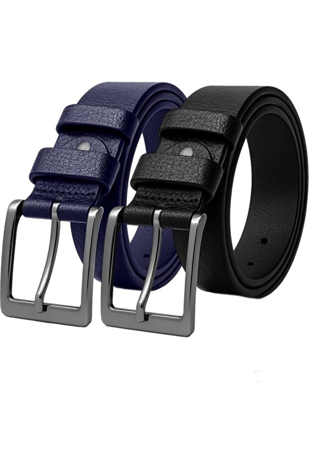 2 Pcs 100% Genuine Leather Black and Navy Blue Men's Fabric Belt 3.4 cm