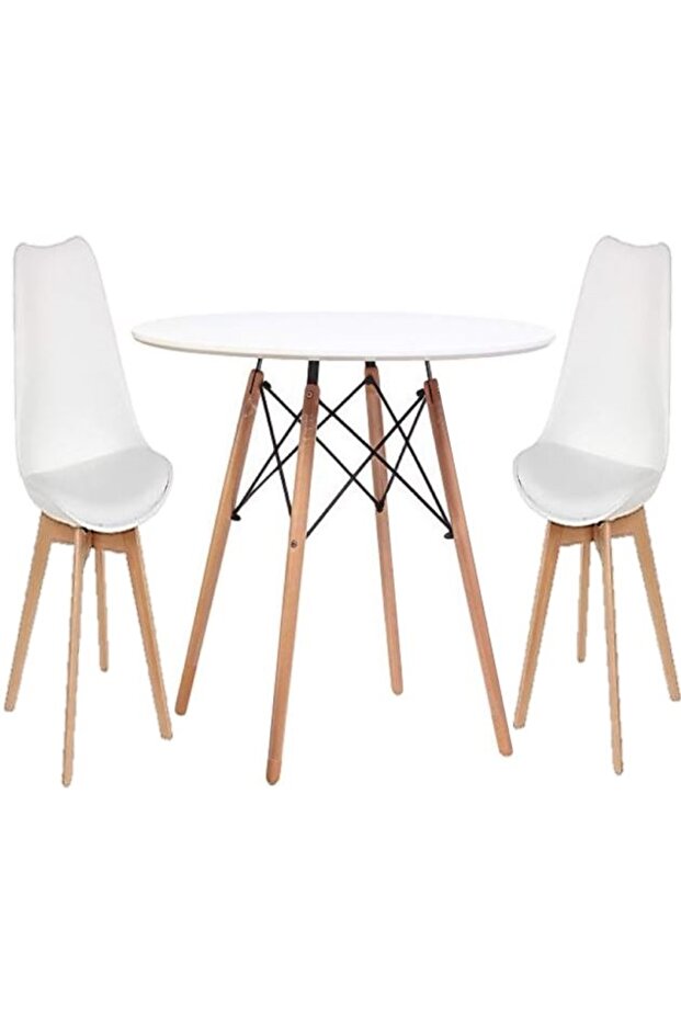 Sdino Eames 1 Round Dining Table + 2 Tulip Shell Style Cushioned Seat Chairs Wood Dining Set - White
