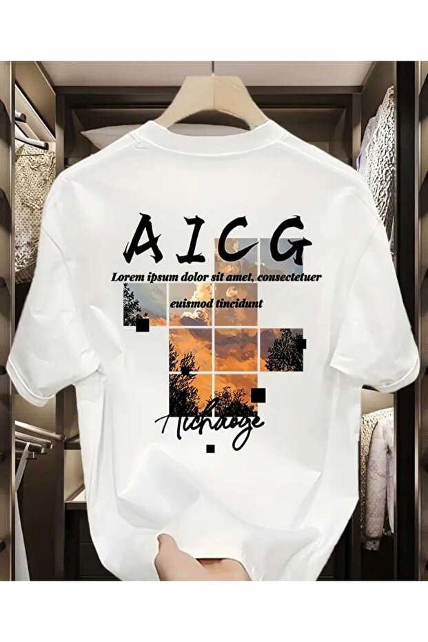 'A I C g' Printed T-Shirt with Sunset View
