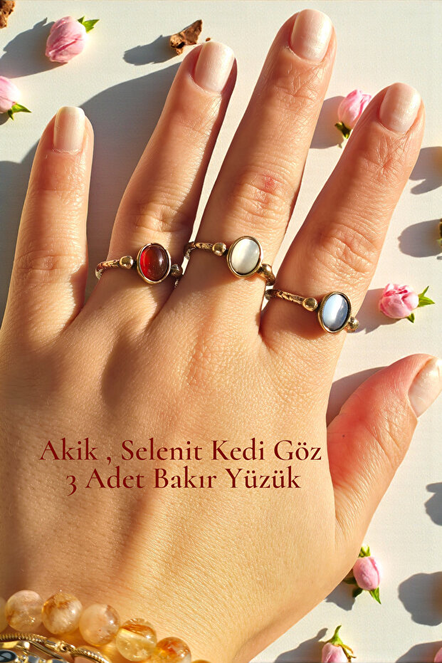 Copper Real Agate, Cat's Eye, Selenite 3 Piece Ring Handcrafted (Gift, Daily, Special Occasions)