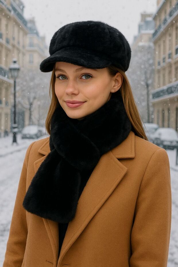Black Soft Textured Plush Women's Beanie Hat and Neck Warmer Set of 2