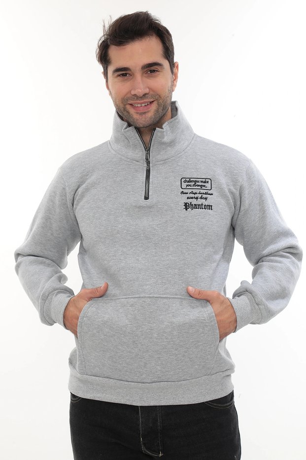 Men's Light Gray Standard Fit Regular Cut Fleece Lined Half Zipper Stand Collar Cotton Sweatshirt