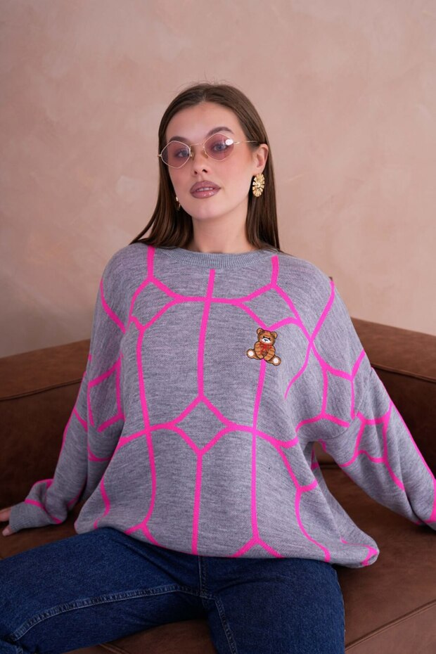 Oversized Teddy Bear Ethnic Patterned Knitwear Sweater Aw25Kz0078