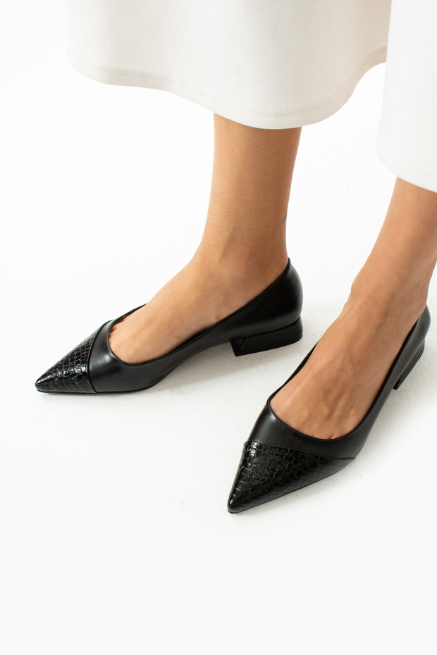 Black 2 cm Thick Heel Pointed Toe Women's Ballet Flats Shoes Ballet