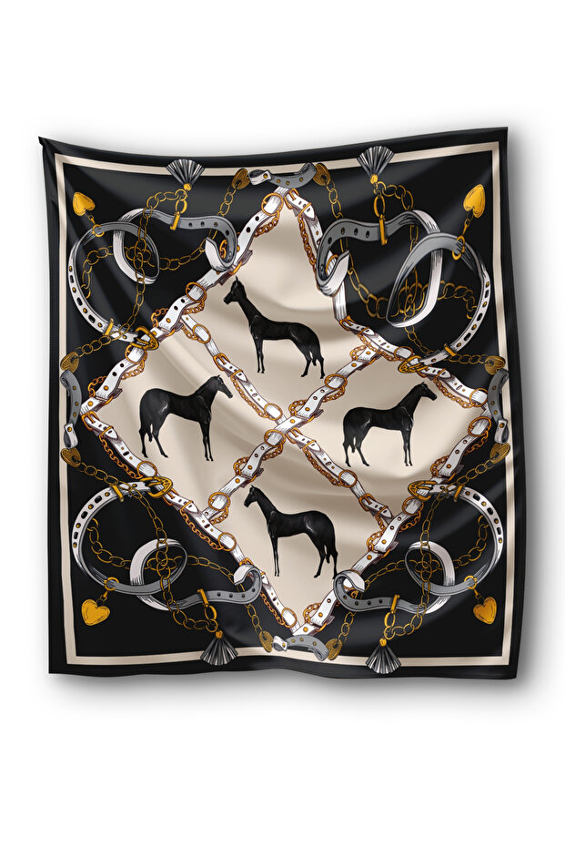 Black Belt and Horse Pattern Bandana Scarf - Horse and Shawl Patterned Scarf