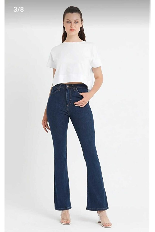 Dark Blue Lycra High Waist Spanish Jean Trousers