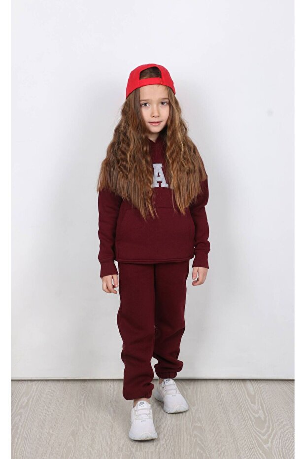 Embroidery Detailed Kangaroo Pocket Hooded Three-Thread Fleece-Lined Unisex Children's Set