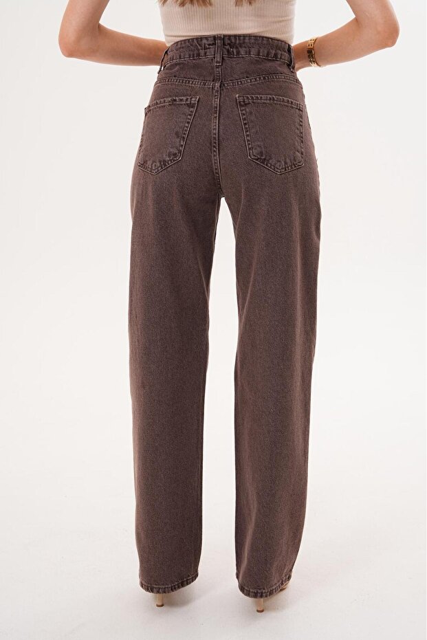 High Waist Palazzo Baggy Flare Brown Wide Leg Denim Pants - 4