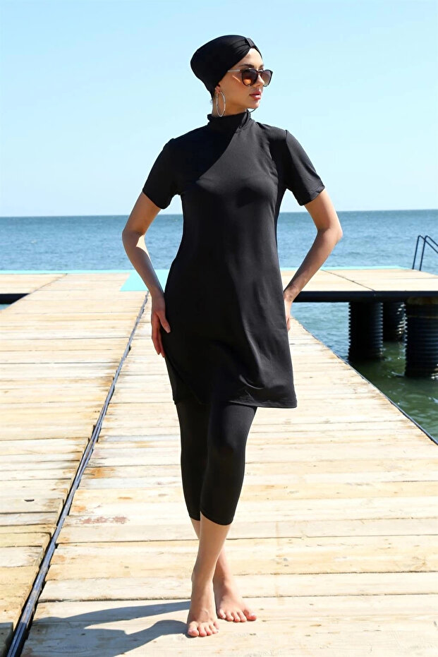 Short Sleeve Black Half Hijab Swimsuit