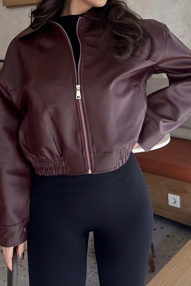 Paris Oversized Bomber Leather Jacket Claret Red