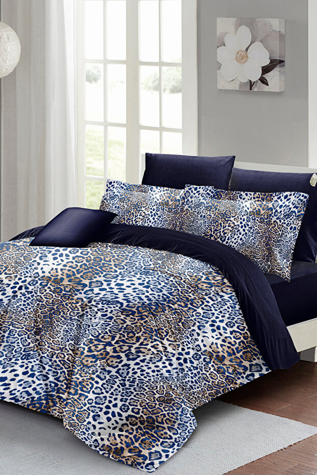 King Size 100% Cotton Satin Double Duvet Cover Set Blue Leopard 220X240Cm