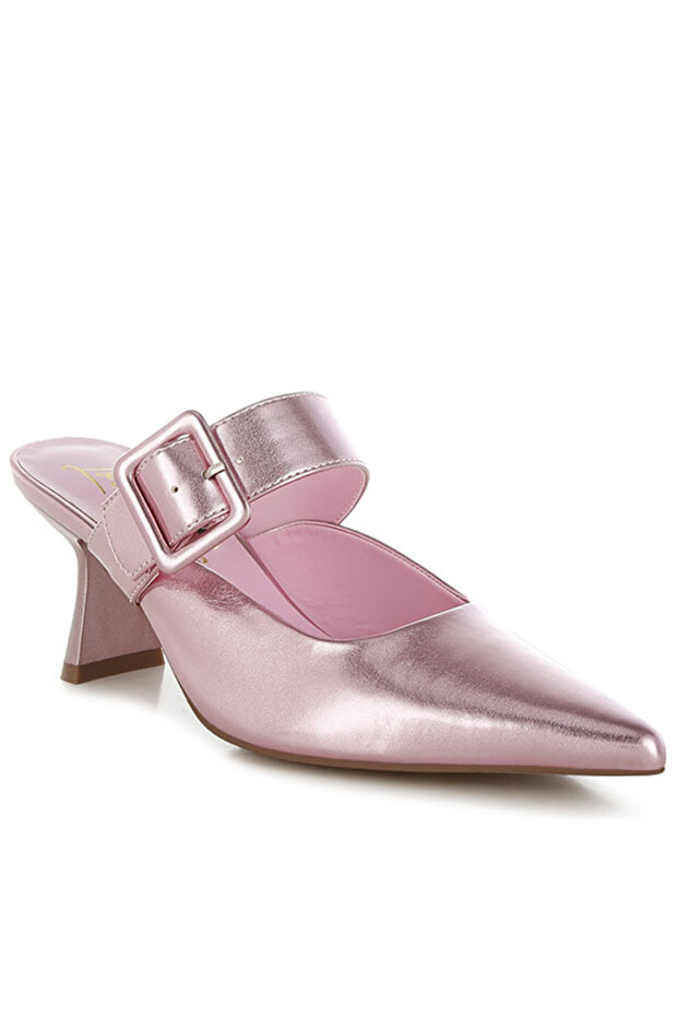 Women Large Buckle Kitten Heel Mules in Pink