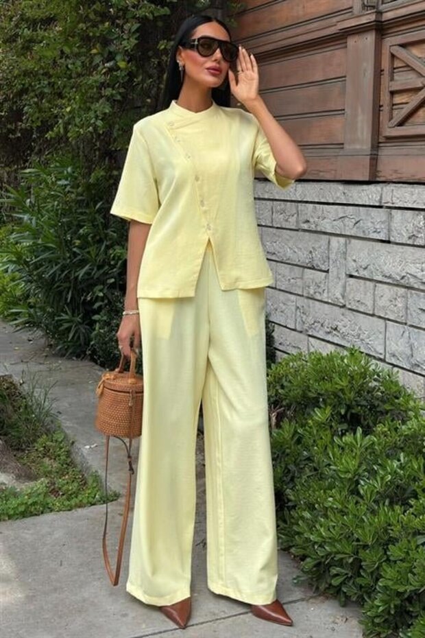 Judge Collar Cross Buttoned Plazzo Trousers Viscon Linen Suit 10209