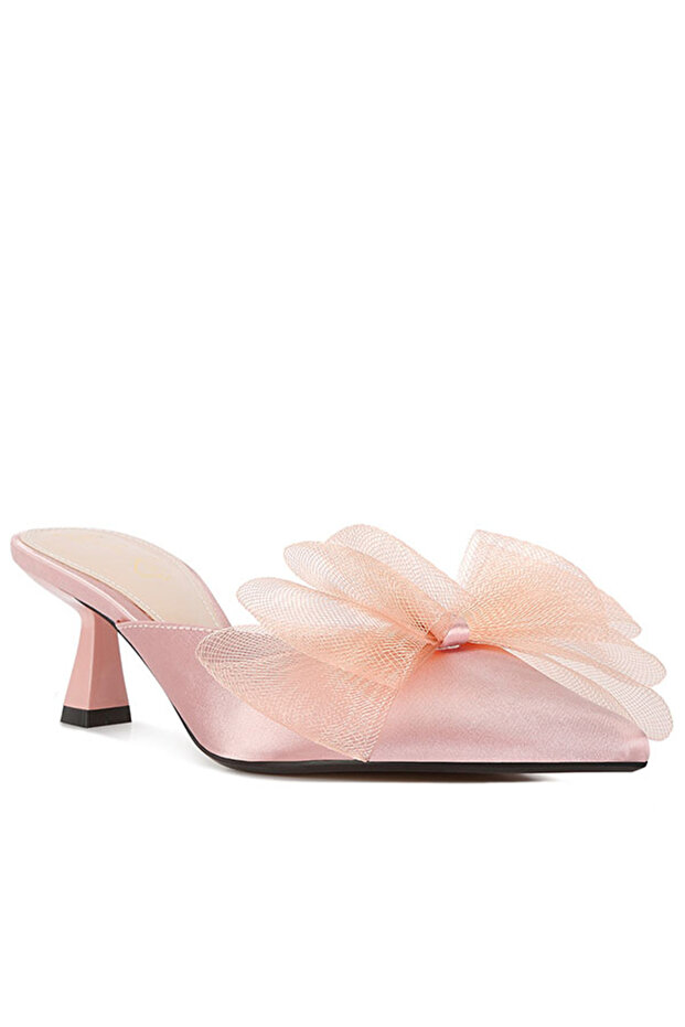 Women Pink Organza Bow Embellished Mules