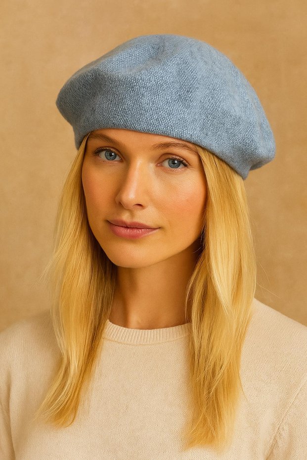 Women's Baby Blue Knitwear French Beret – Soft Textured Winter Model