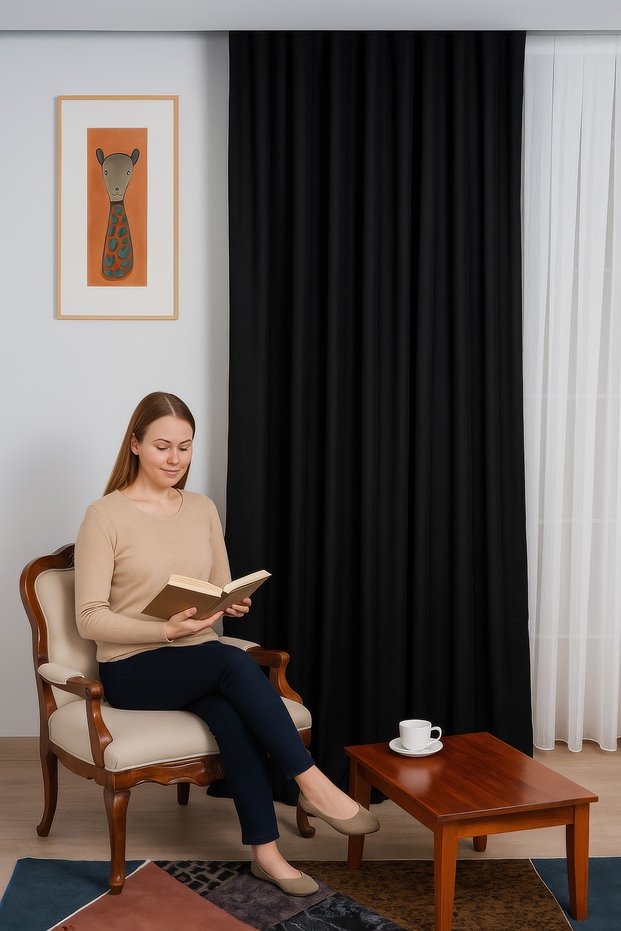 Velvet Textured Island Background Curtain Living Room Bedroom Black Without Pleats