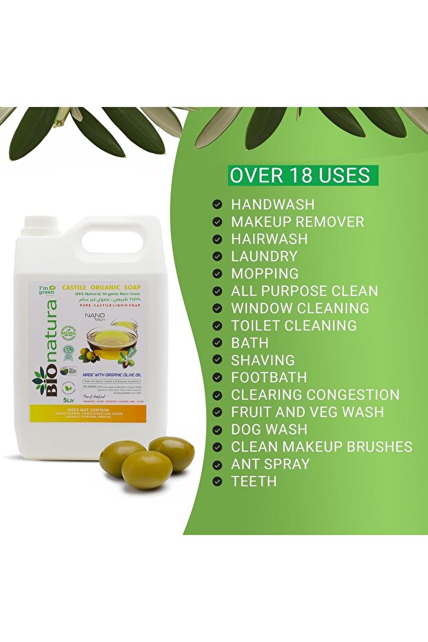 Organic Pure Castile Liquid Soap – 100% Natural, Organic Oils, Concentrated, Vegan (1 L / 5 L)