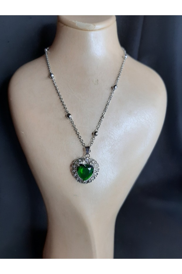 Silver Color Green Stone Heart Model Ball Chain Steel Necklace