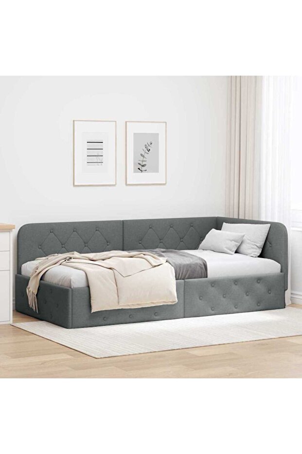 Corner Bed Frame Dark Grey 90 x 200 cm Fabric